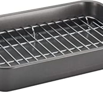 Farberware Bakeware Nonstick Steel Roaster with Flat Rack, 11-Inch x 15-Inch, Gray