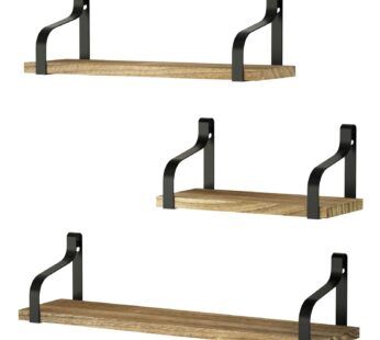 Love-KANKEI Floating Shelves Wall Mounted Set of 3, Rustic Wood Wall Storage Shelves for Bedroom, Living Room, Bathroom, Kitchen, Office and More Carbonized Black