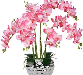 Pink Orchid with Silver Vase Orchid Pink Flowers Faux Orchid Plant Artificial Orchids Silk Orchids Pink Fake Flowers Faux Orchid Pink for Home Decor Kitchen Decoration Table Centerpieces