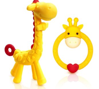 SHARE&CARE BPA Free 2 Silicone Giraffe Baby Teether Toy with Storage Case, for 3 Months Above Infant Sore Gums Pain Relief and Baby Shower, Set of 2 Different Teething Toys (Yellow)